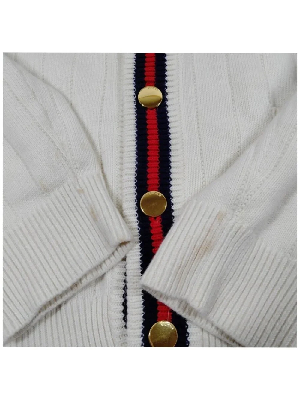 Gucci Web Stripe V-Neck Cardigan Ivory Red Navy Gold Button Luxury Sweater